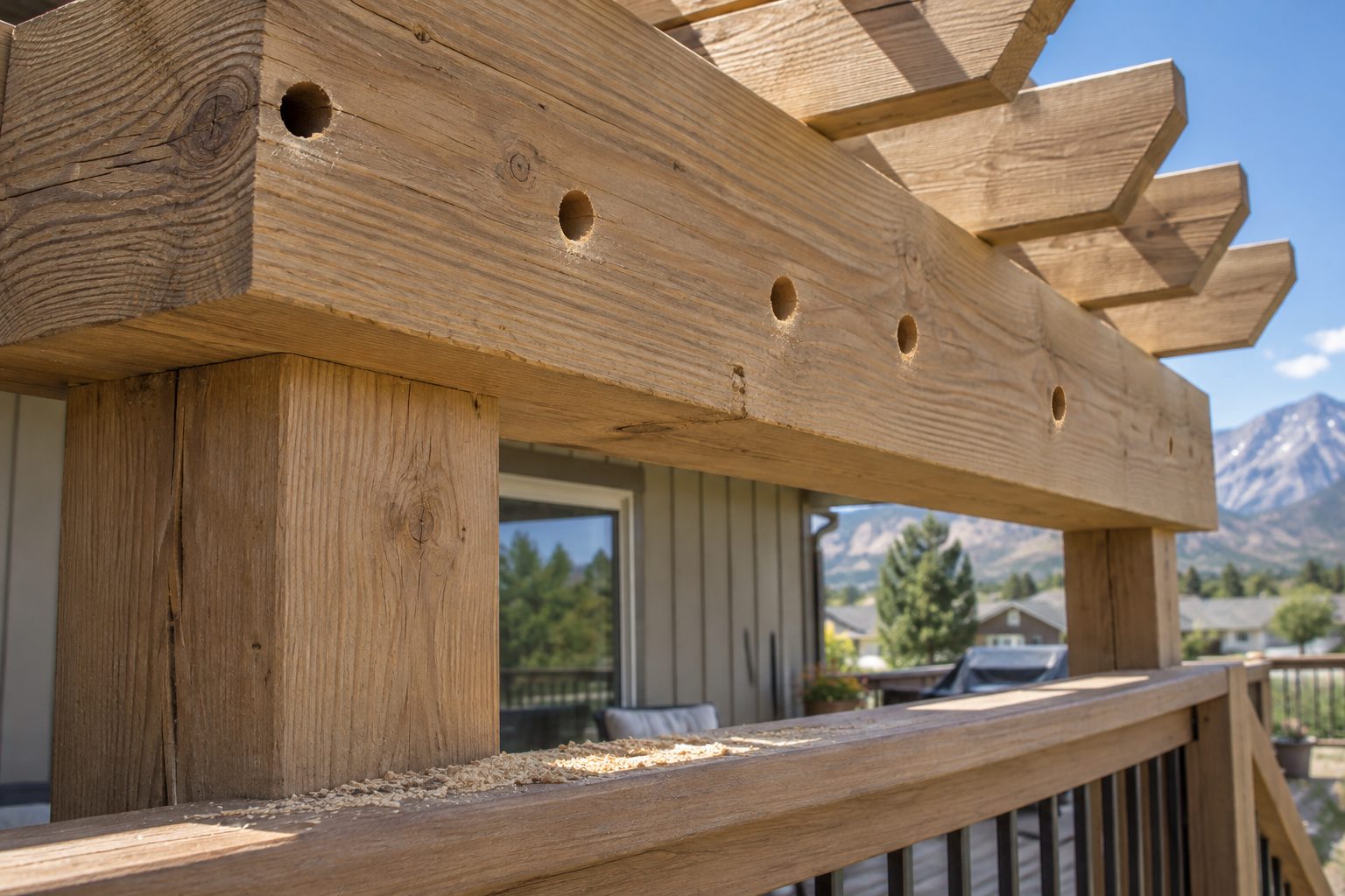 Round carpenter bee holes drilled into a wooden pergola beam