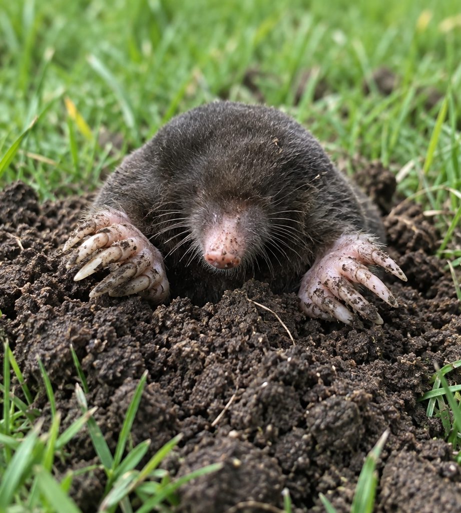 Mole digging through dark soil