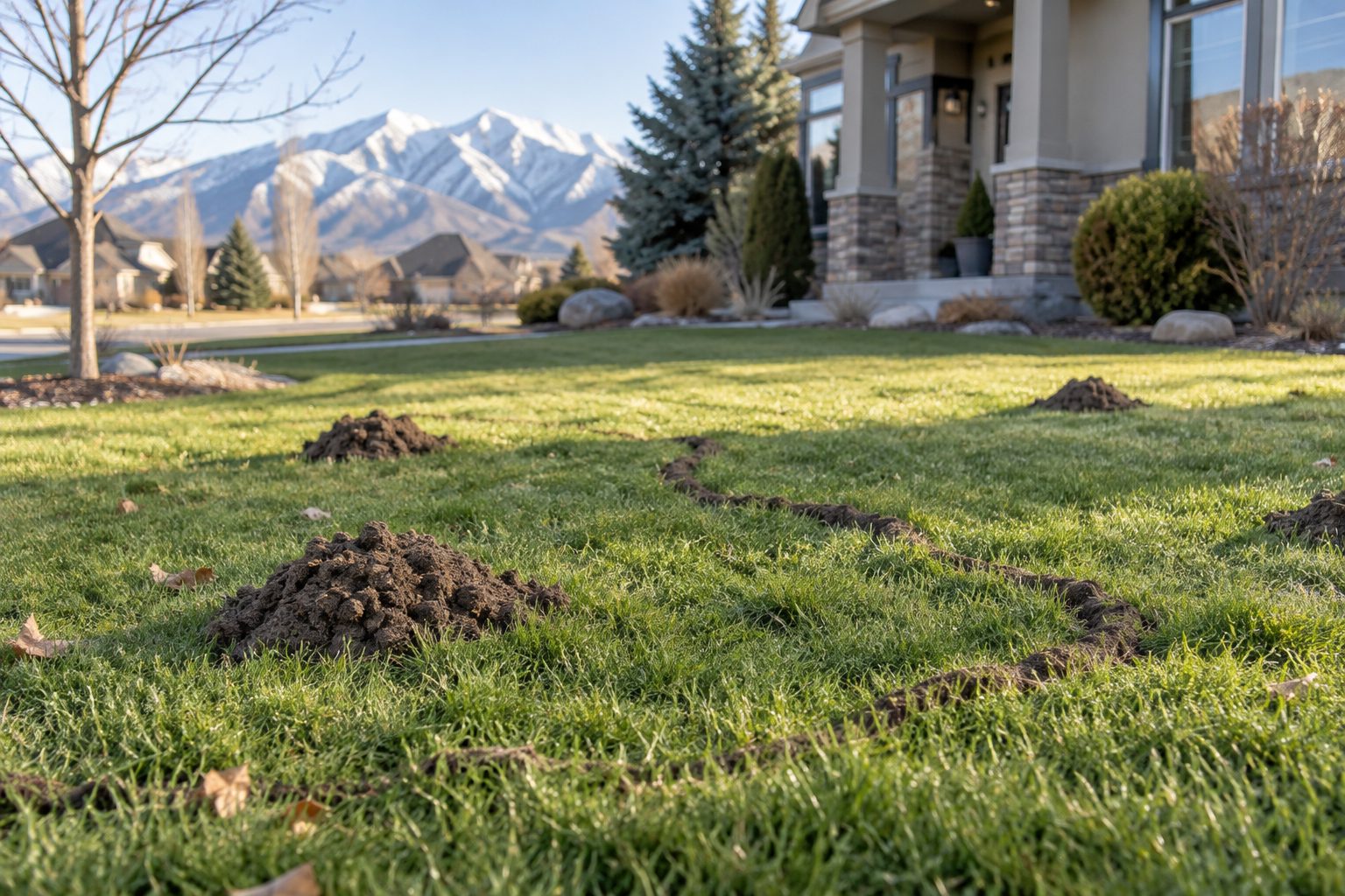 Utah lawn with fresh mole mounds and vole runways