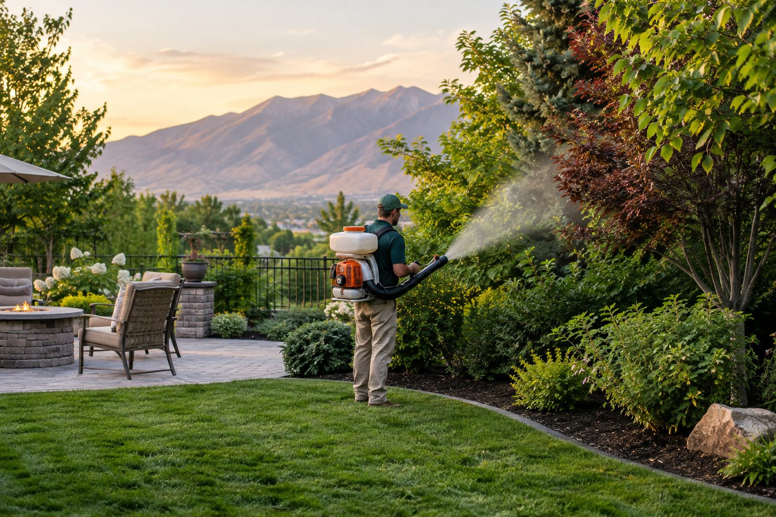 Technician misting backyard shrubs for mosquito control