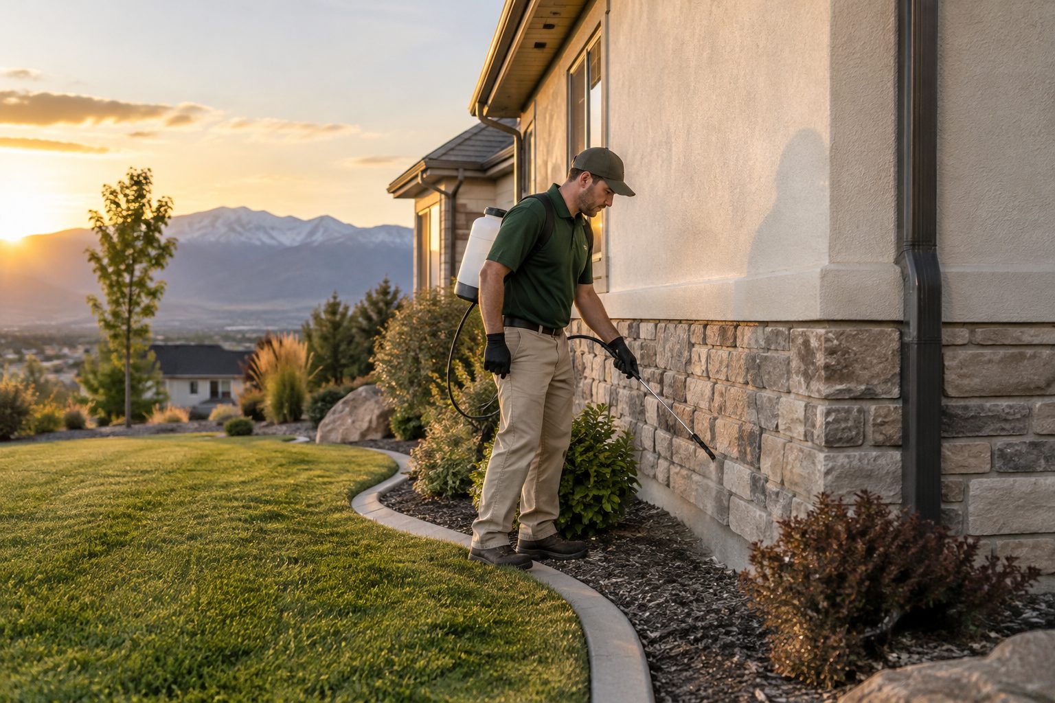 Technician spraying a perimeter pest treatment along the foundation of a Utah home
