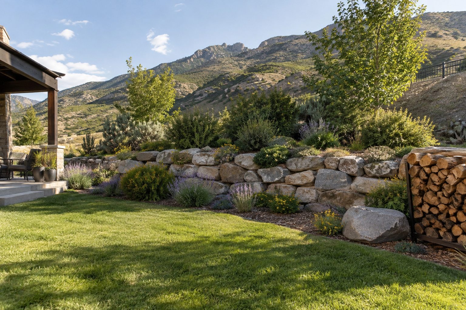 Utah backyard with a rock retaining wall and woodpile where snakes like to hide