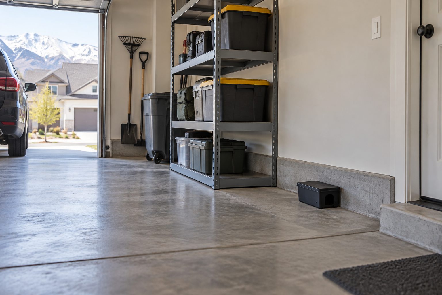 Tamper-resistant rodent bait station placed along a garage wall