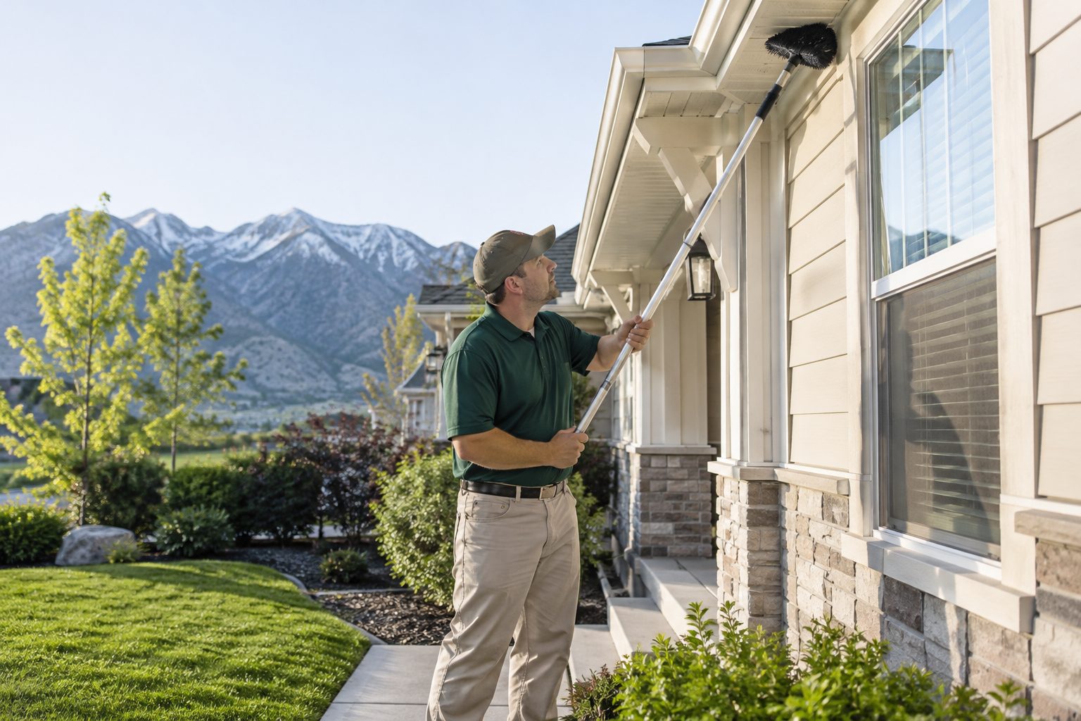Technician sweeping spider webs from the eaves and windows of a Utah home