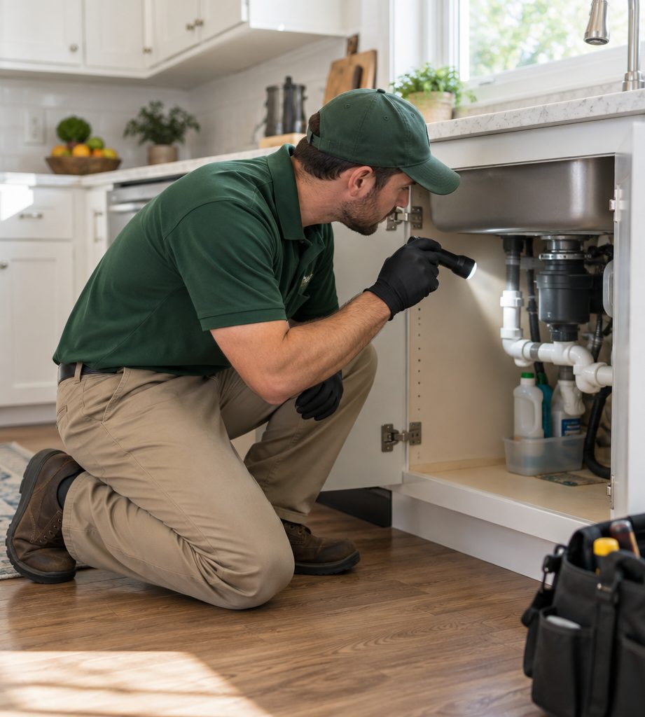 Technician with a flashlight inspecting under a kitchen sink for cockroaches