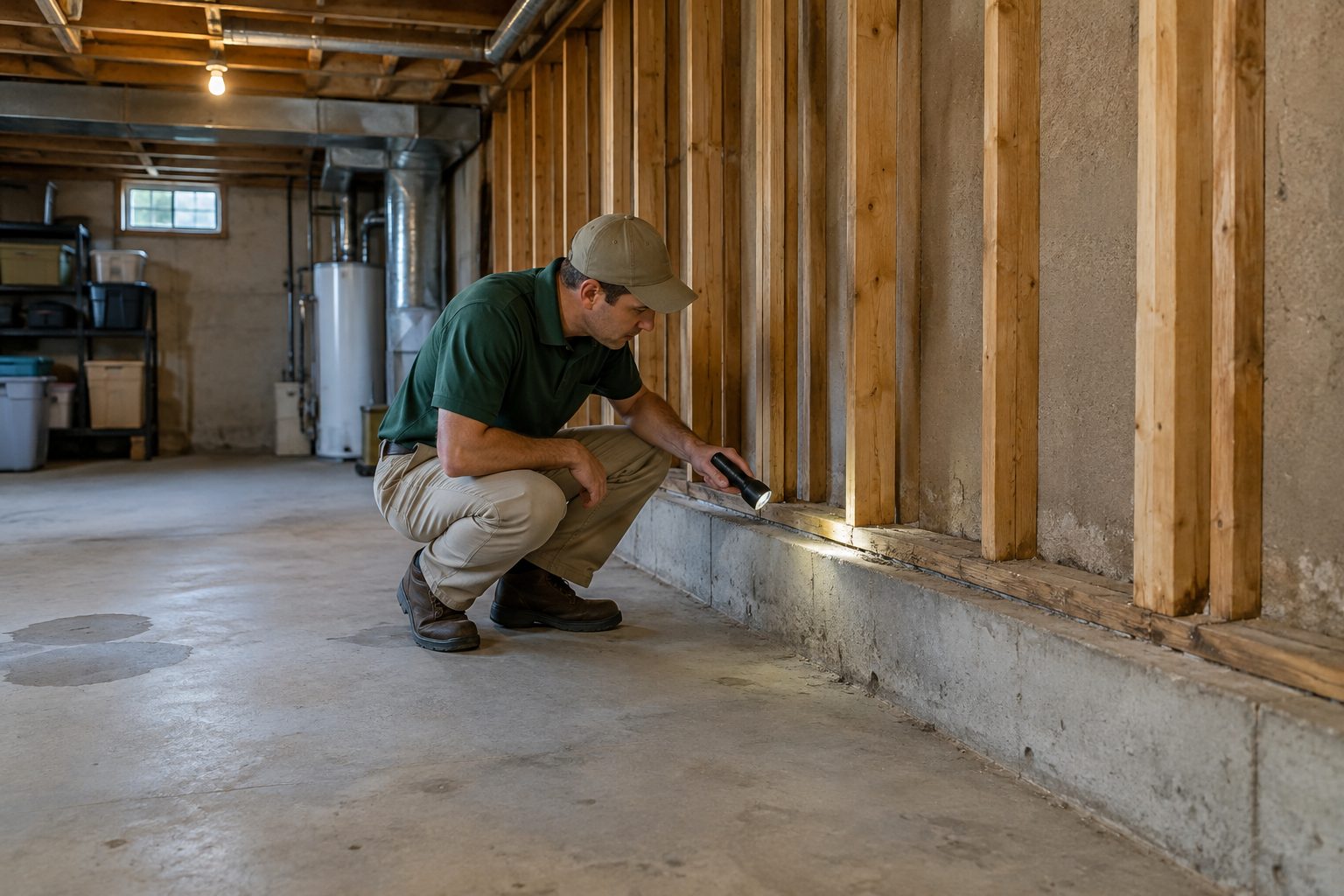 Technician inspecting basement wood framing for termite damage